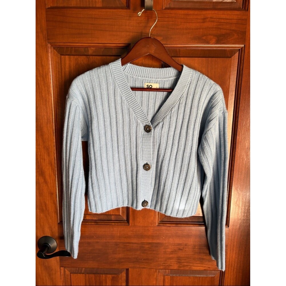 Light Blue Ribbed V-Neck Cropped Cardigan -Girls XL
